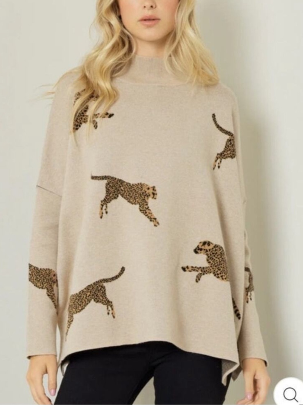 ENTRO WOMENS MOCK NECK ANIMAL CHEETAH SWEATER CREAM BEIGE OVERSIZED MEDIUM